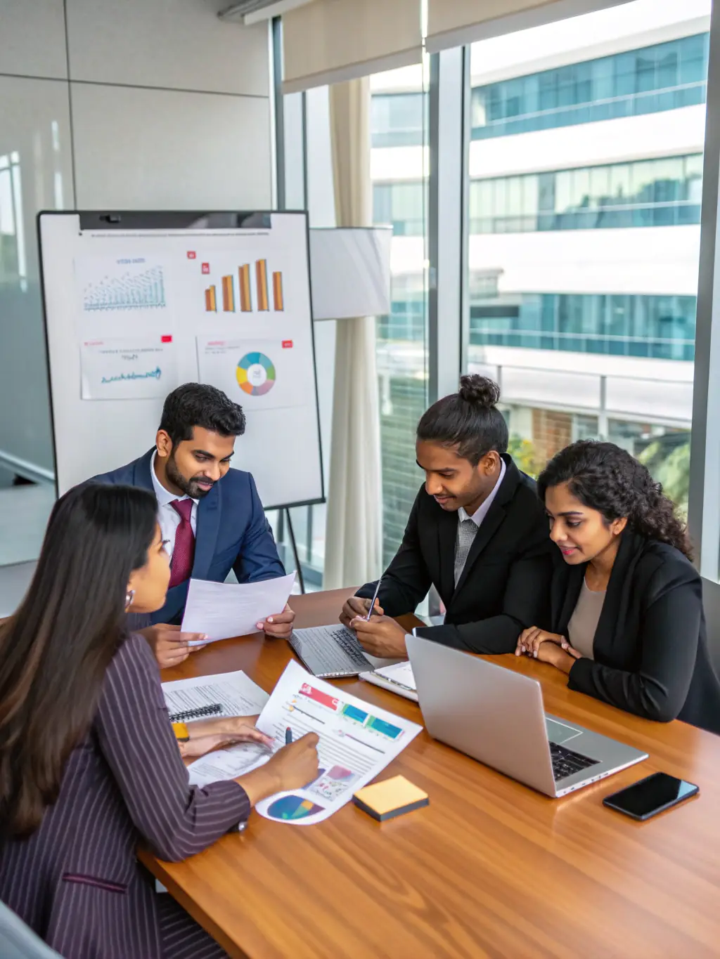 A diverse team of financial consultants collaborating on a project, showcasing expertise and teamwork in providing financial solutions for small businesses.