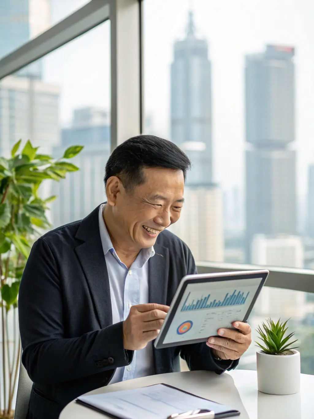 A focused image of a business owner analyzing cash flow statements on a digital tablet in a modern office setting, emphasizing data-driven decision-making.
